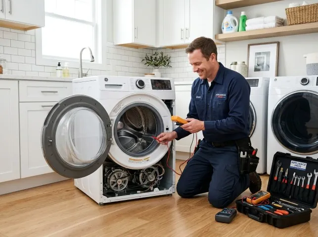 Appliance Repair Hero technician testing a front-load washer with a multimeter on a Bridgeton, MO service call